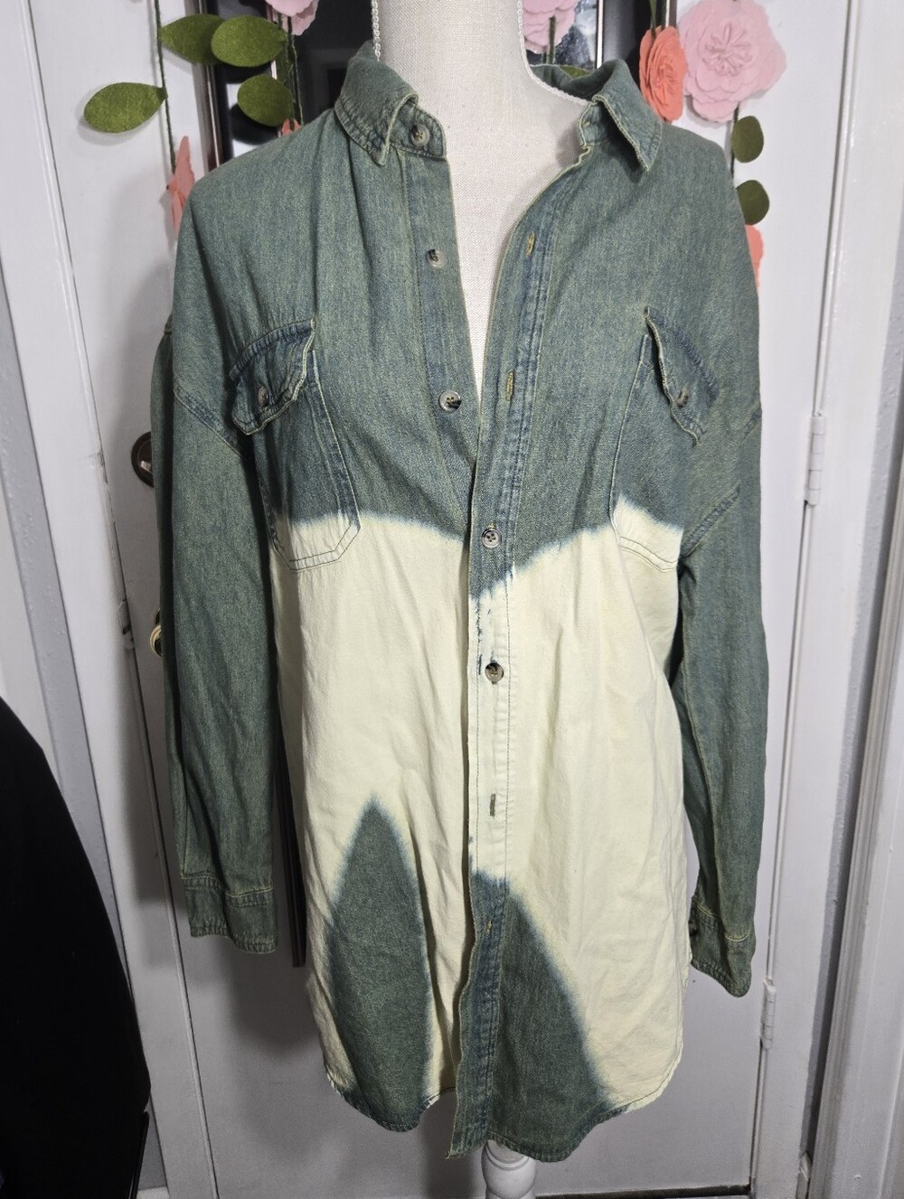 Papermoon Olive Bleached Button Down denim shirt Sz M